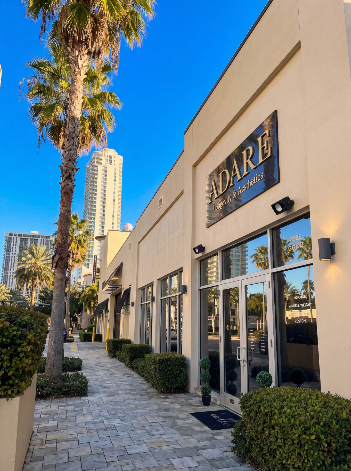 Exterior of ADARE Longevity & Aesthetics Downtown St. Pete studio at the Sundial Center with palm trees