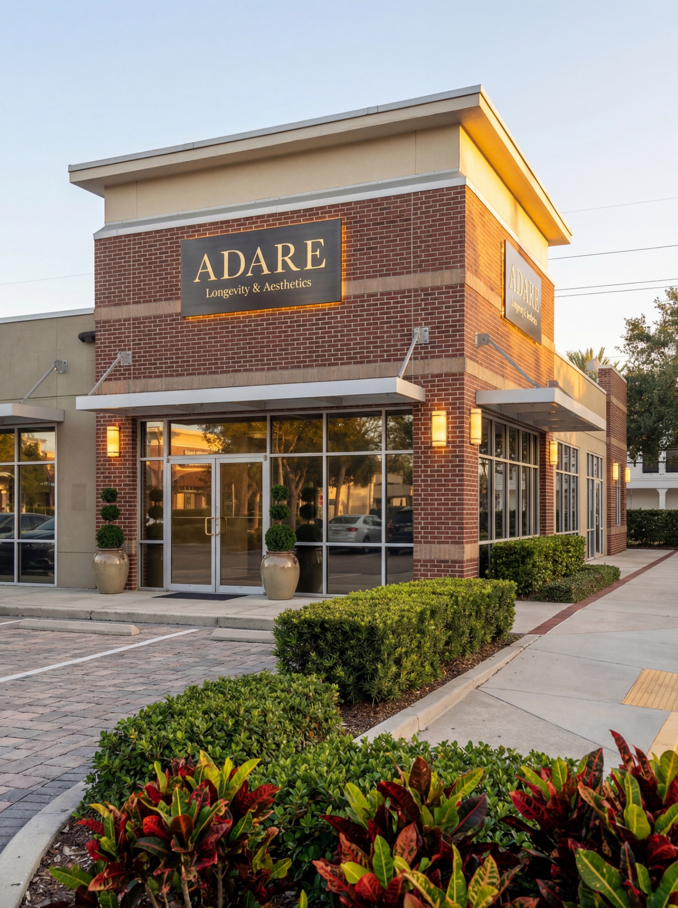 Exterior of ADARE Longevity & Aesthetics South Tampa studio with brick facade at golden hour